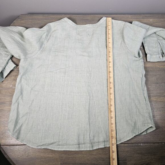 Isaac Mizrahi 100% LINEN Women's Large Button Down Shirt Sage Roll Tab Sleeve - Picture 6 of 6